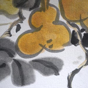 May include: Watercolor painting featuring stylized yellow gourds and gray leaves against a white background. The artwork has a soft, textured appearance with visible brushstrokes, creating a natural and artistic aesthetic.