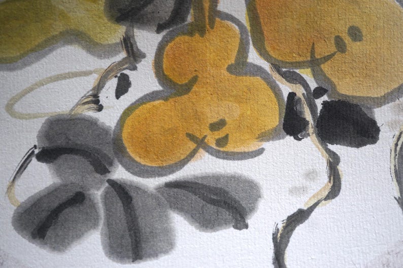 May include: Watercolor painting featuring stylized yellow gourds and gray leaves against a white background. The artwork has a soft, textured appearance with visible brushstrokes, creating a natural and artistic aesthetic.