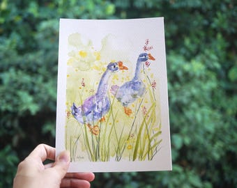 Original Geese Painting, Engagement Gift, Cottage Art Watercolour Animal, Geese Couple Gift