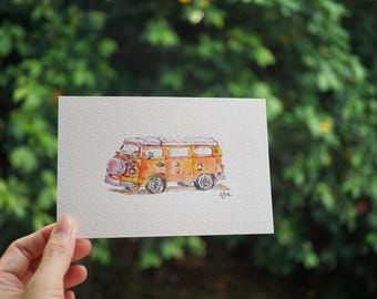 VW Camper Van Painting Original, Mini Car Wall Art, Retro Travel Decor