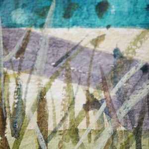 May include: Abstract watercolour painting depicting a landscape with tall, thin blades of grass in the foreground. The painting uses a palette of greens, browns, purples, and blues, creating a sense of depth and texture. The style is loose and expressive.