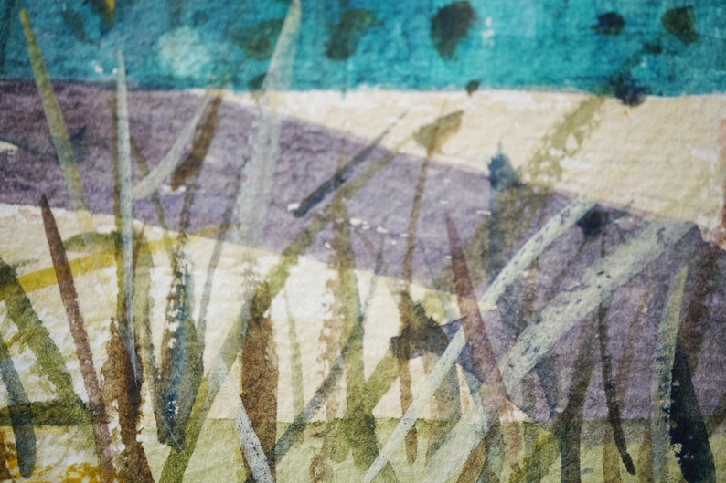 May include: Abstract watercolour painting depicting a landscape with tall, thin blades of grass in the foreground. The painting uses a palette of greens, browns, purples, and blues, creating a sense of depth and texture. The style is loose and expressive.