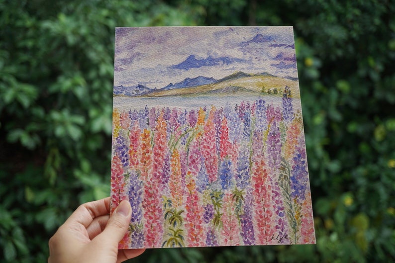 Lupin Flower Painting, Watercolor Lupines, Wall Art, Birthday Gift, Original Painting, Flower Field Home Decor image 1