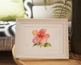 Pintura de Hibisco, Arte Original de Flor Tropical, Lembrança de Viagem da Malásia, Sem Moldura