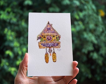 Origineel schilderij van een koekoeksklok, wanddecoratie, cadeau voor kunstliefhebbers, handgeschilderd, vintage, Triberg Travel Duitsland cadeau