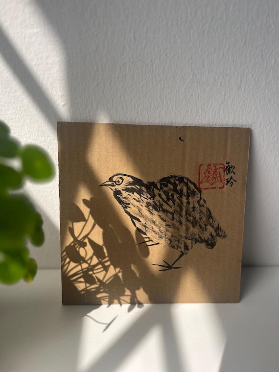 Original Chinese Painting, Hand-painted Quail Bird, Ink Painting on Cardboard
