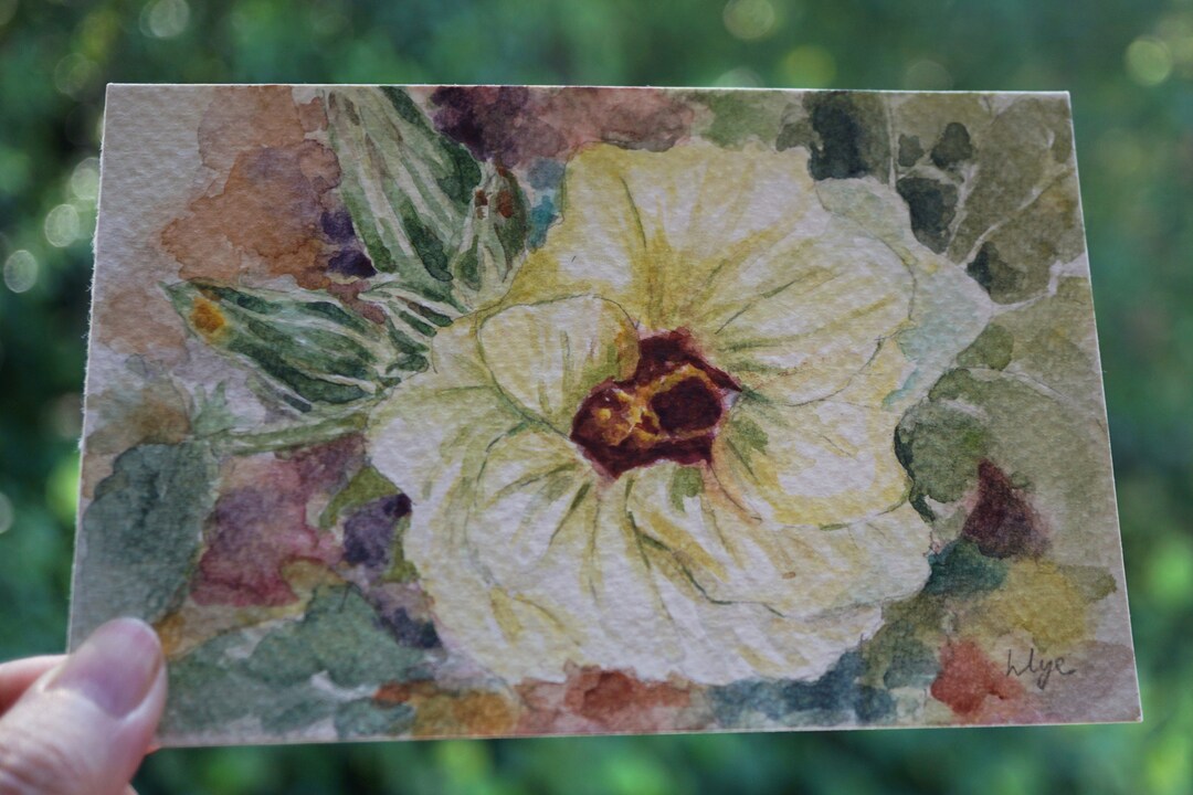 Yellow Okra Flower Painting Original Art for Kitchen Deco Etsy UK