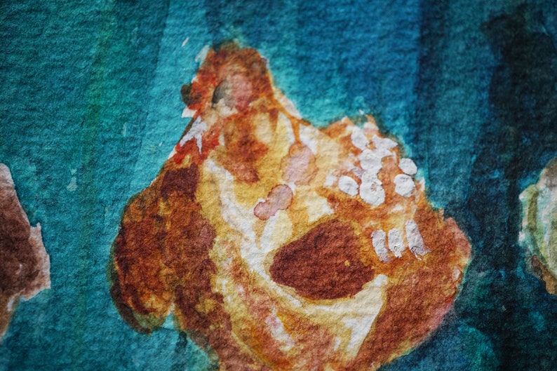May include: Abstract watercolour painting with a central, textured form in brown, orange, and yellow, accented with white. The background blends teal and blue, creating a vibrant artistic composition. The artwork has a textured appearance.