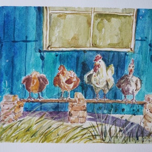 May include: Watercolour painting depicting four chickens on a wooden beam. The chickens are various shades of brown and white. A blue wall, a window, and brick supports form the background. The artwork is signed in the lower left corner.