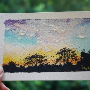 Dipinto originale del tramonto, arte murale del tramonto in silhouette, regalo d'arte per papà, dipinto del cielo con tecnica mista, arte del tramonto colorata