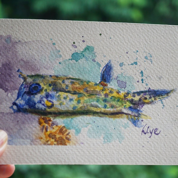 Peinture originale de poisson-coffre, art de la mer poissons colorés, petite peinture, cadeau pour papa