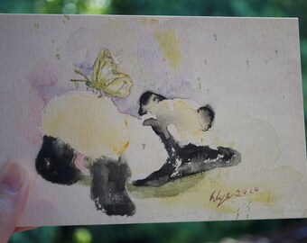 Original Panda Painting, Cute Panda Wall Art, Watercolor Panda, Birthday Gift, Gift For Mum, Small Painting