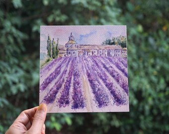 Provence Lavendelfeld Aquarell Gemälde, quadratische Kunst 150x150, französische Landschaftsmalerei