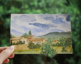 Arte originale della campagna serena, piccolo dipinto di paesaggio, paesaggio ad acquerello, Provenza, deco della fattoria, regalo commovente, regalo per papà