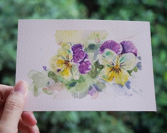 Pintura de acuarela de flor de pensamiento, arte mural floral original pintado a mano, arte botánico pequeño