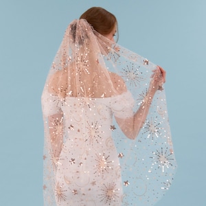 Celestial Rose Gold Star Wedding Veil: Blush Tulle Bridal Comb