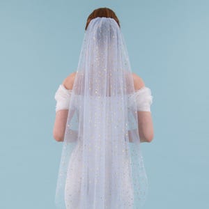 Celestial Tulle Wedding Veil - Gold Stars, Sky Blue Soft Star Tulle, Single Tier with Bridal Comb