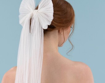 Ivory Tulle Bridal Hair Bow: Accordion Pleats, Silver Comb
