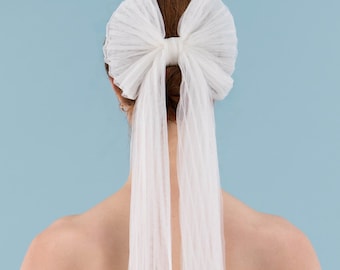 Pleated Tulle Bridal Hair Bow: Ivory Wedding Veil Alternative