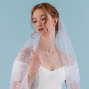 Celestial Wedding Veil: Gold Stars, Sky Blue Tulle, Bridal Comb
