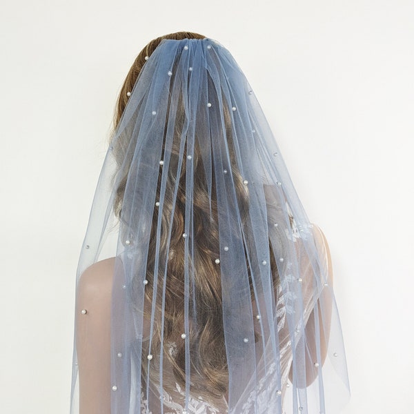 Blue Pearl Wedding Veil - Dusty Blue Soft Tulle With Ivory Pearl Beads, Single Tier with Silver Color Bridal Comb