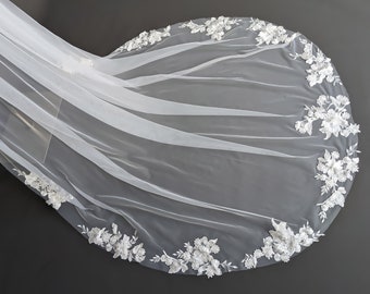 Cathedral Flower Wedding Veil - Ivory Color Soft Tulle With Floral Daisy Appliques, Single Tier Veil with Bridal Comb