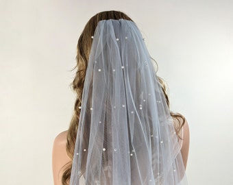 Grey Pearl Wedding Veil - Silver Grey Soft Tulle With Ivory Pearl Beads, Single Tier with Silver Color Bridal Comb