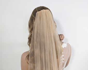 Simple Champagne Blush Wedding Veil - Barely There Dusty Champagne, Sand Soft Tulle, Single Tier Rounded Edge with Bridal Comb