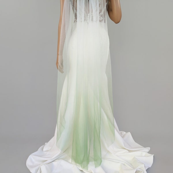 Ombre Green Wedding Veil - Dip Dyed Green Soft Tulle, Single Tier Rounded Edge With Silver Color Bridal Comb