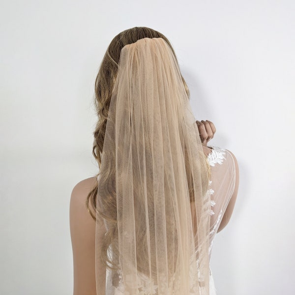 Simple Champagne Blush Wedding Veil - Barely There Dusty Champagne, Sand Soft Tulle, Single Tier Rounded Edge with Bridal Comb