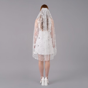Celestial Silver Tulle Wedding Veil - Silver Star Soft Ivory Tulle, Single Tier with Bridal Comb