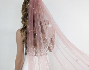 Pink Blush Pearl Wedding Veil - Rose Blush Pink Soft Tulle With Ivory Pearl Beads, Single Tier with Rose Gold Bridal Comb