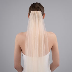 Champagne Pearl Wedding Veil - Cold Yellowish Soft Tulle With Ivory Regular Pearl Beads, Single Tier with Gold Bridal Comb