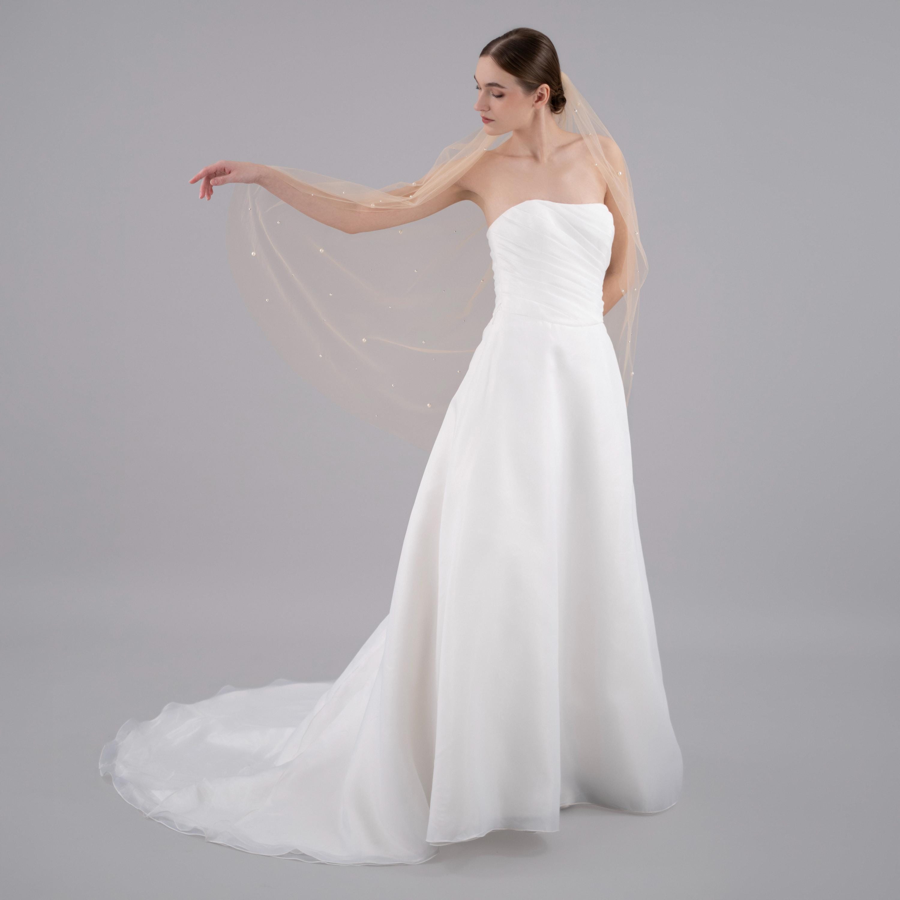 Pearl-Adorned Soft Tulle Veil in Nude Perfect Bridal Ivory Two Tier Heavily Embellished Short  main image 3