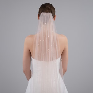 Light Beige Pearl Wedding Veil - Pastel Sand Soft Tulle With Ivory Pearl Beads, Single Tier with Gold Bridal Comb
