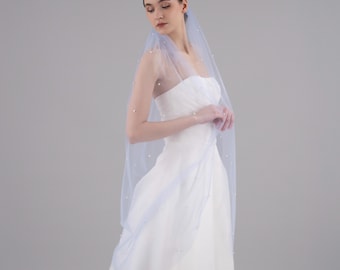 Pastel Sky Blue Wedding Veil – Ivory Pearl Beads, Gold Comb