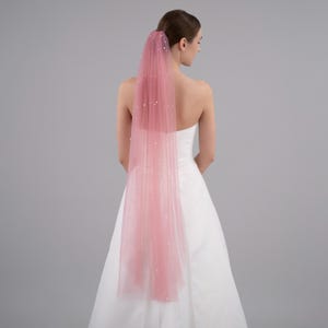 Dusty Pink Pearl Wedding Veil - Rose Pink Soft Tulle With Ivory Pearl Beads, Single Tier with Silver Bridal Comb