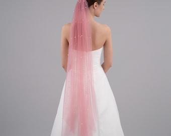 Dusty Rose Pearl Wedding Veil: Soft Tulle, Silver Comb