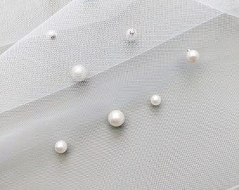 Pearl Tulle Fabric - Neutral White Color, Irregular Size Pearls