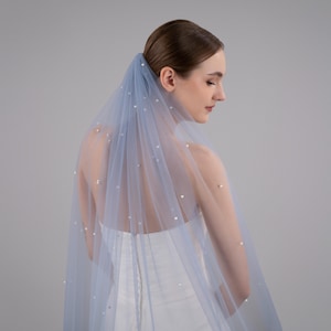 Blue Pearl Wedding Veil - Dusty Blue Soft Tulle With Regular Ivory Pearl Beads, Single Tier with Silver Color Bridal Comb