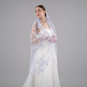 Light Blue Wildflower Tulle Wedding Veil - Blue Flowers, Ivory Soft Floral Tulle, Single Tier with Bridal Comb