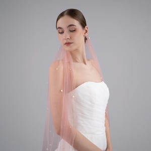 Rose Blush Pearl Wedding Veil - Rose Blush Pink Soft Tulle With Ivory Pearl Beads, Single Tier with Rose Gold Bridal Comb