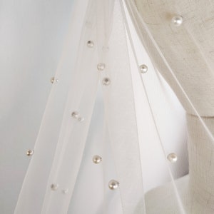 Pearl Wedding Veil - Ivory Soft Tulle With With White Pearl Beads, Single Tier with Bridal Comb