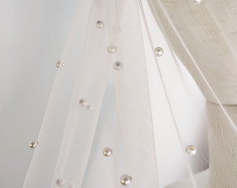 Pearl Wedding Veil - Ivory Soft Tulle With With White Pearl Beads, Single Tier with Bridal Comb