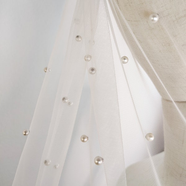 Pearl Wedding Veil - Ivory Soft Tulle With With White Pearl Beads, Single Tier with Bridal Comb