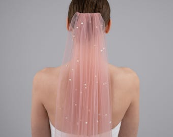 May include: A pale pink tulle veil with scattered sequins. The veil is attached to a hair accessory at the back of the head. The background is a plain grey.