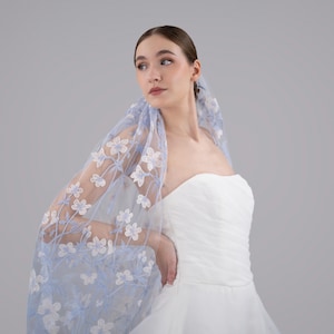 Blue Wildflower Tulle Wedding Veil - Blue Flowers, Ivory Soft Floral Tulle, Single Tier with Bridal Comb