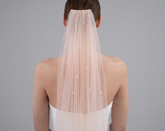 May include: A delicate blush-coloured bridal veil with pearl embellishments. The veil is gathered at the top and falls down the back.