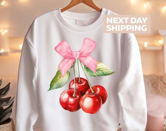 Coquette Cherry and Bow Sweater, Coquette Sweatshirt, Cherry Bow Shirt, Aesthetic Hoodie, Pink Ribbon Sweatshirt, Cute Sweater For Woman