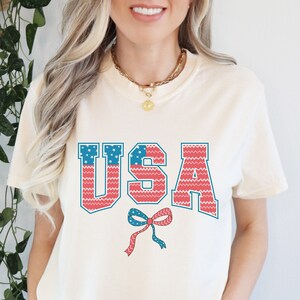 USA Bow Shirt, 4th Of July Comfort Colors® Shirt, USA Coquette Tee, USA Flag Patriotic Shirt, Cute American Bow Tee, Independence Day Shirt